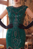 Dark Green Round Neck Cap Sleeves Beaded Sequins 1920s Flapper Dress with Fringes