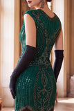 Dark Green Round Neck Cap Sleeves Beaded Sequins 1920s Flapper Dress with Fringes