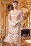 Apricot Sheath V-Neck Short Sleeves Sequins 1920s Dress with Fringes