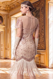 Apricot Sheath V-Neck Short Sleeves Sequins 1920s Dress with Fringes