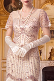 Apricot Sheath V-Neck Short Sleeves Sequins 1920s Dress with Fringes