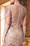 Apricot Sheath V-Neck Short Sleeves Sequins 1920s Dress with Fringes