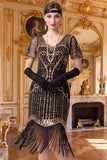 Apricot Sheath V-Neck Short Sleeves Sequins 1920s Dress with Fringes