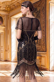 Apricot Sheath V-Neck Short Sleeves Sequins 1920s Dress with Fringes