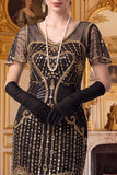 Apricot Sheath V-Neck Short Sleeves Sequins 1920s Dress with Fringes