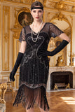 Apricot Sheath V-Neck Short Sleeves Sequins 1920s Dress with Fringes