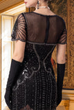 Apricot Sheath V-Neck Short Sleeves Sequins 1920s Dress with Fringes