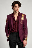 Notch Lapel Burgundy Floral Single Breasted Men's Prom Blazer