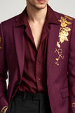 Notch Lapel Burgundy Floral Single Breasted Men's Prom Blazer