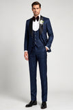 3 Piece Navy Jacquard Satin Shawl Lapel Single Breasted Men's Prom Suits