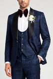3 Piece Navy Jacquard Satin Shawl Lapel Single Breasted Men's Prom Suits