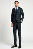 Dark Green 3 Piece Plaid Notched Lapel Single Breasted Men's Prom Suits