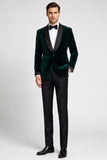 Dark Green Velvet Satin Shawl Lapel Single Breasted 2 Piece Men's Prom Suits