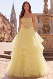Yellow Ball Gown Corset Strapless Pearls Tiered Ruffled Long Prom Dress