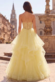 Yellow Ball Gown Corset Strapless Pearls Tiered Ruffled Long Prom Dress