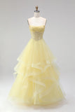 Yellow Ball Gown Corset Strapless Pearls Tiered Ruffled Long Prom Dress