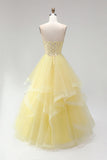 Yellow Ball Gown Corset Strapless Pearls Tiered Ruffled Long Prom Dress