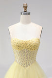 Yellow Ball Gown Corset Strapless Pearls Tiered Ruffled Long Prom Dress