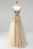 Champagne Corset Sequins Embroidery Strapless A-Line Tulle Long Prom Dress with Beading