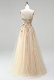Champagne Corset Sequins Embroidery Strapless A-Line Tulle Long Prom Dress with Beading