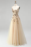 Champagne Corset Sequins Embroidery Strapless A-Line Tulle Long Prom Dress with Beading