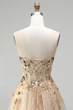 Champagne Corset Sequins Embroidery Strapless A-Line Tulle Long Prom Dress with Beading
