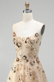 Champagne Corset Sequins Embroidery Strapless A-Line Tulle Long Prom Dress with Beading