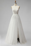 White Corset Appliques V-Neck Tulle A-Line Beaded Maxi Wedding Dress with Slit