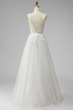 White Corset Appliques V-Neck Tulle A-Line Beaded Maxi Wedding Dress with Slit