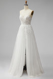 White Corset Appliques V-Neck Tulle A-Line Beaded Maxi Wedding Dress with Slit