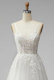 White Corset Appliques V-Neck Tulle A-Line Beaded Maxi Wedding Dress with Slit