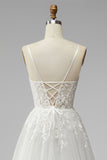 White Corset Appliques V-Neck Tulle A-Line Beaded Maxi Wedding Dress with Slit