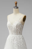 White Corset Appliques V-Neck Tulle A-Line Beaded Maxi Wedding Dress with Slit