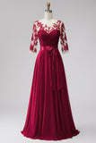 Burgundy Illusion Appliques Chiffon Beaded A-Line Long Formal Dress with 3/4 Sleeves