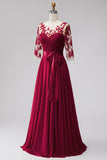 Burgundy Illusion Appliques Chiffon Beaded A-Line Long Formal Dress with 3/4 Sleeves