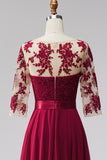 Burgundy Illusion Appliques Chiffon Beaded A-Line Long Formal Dress with 3/4 Sleeves