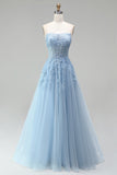 Sky Blue A-Line Tulle Beaded Appliques Corset Strapless Long Prom Dress