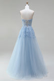 Sky Blue A-Line Tulle Beaded Appliques Corset Strapless Long Prom Dress