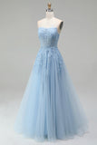 Sky Blue A-Line Tulle Beaded Appliques Corset Strapless Long Prom Dress