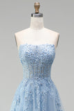 Sky Blue A-Line Tulle Beaded Appliques Corset Strapless Long Prom Dress