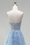 Sky Blue A-Line Tulle Beaded Appliques Corset Strapless Long Prom Dress