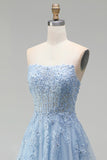 Sky Blue A-Line Tulle Beaded Appliques Corset Strapless Long Prom Dress