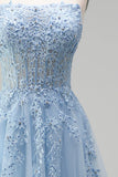 Sky Blue A-Line Tulle Beaded Appliques Corset Strapless Long Prom Dress