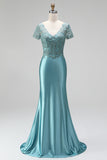 Peacock Embroidery Mermaid Satin V-Neck Beaded Long Prom Dress with Short Sleeves