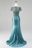 Peacock Embroidery Mermaid Satin V-Neck Beaded Long Prom Dress with Short Sleeves