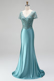 Peacock Embroidery Mermaid Satin V-Neck Beaded Long Prom Dress with Short Sleeves