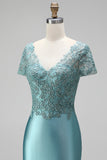 Peacock Embroidery Mermaid Satin V-Neck Beaded Long Prom Dress with Short Sleeves