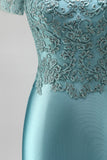 Peacock Embroidery Mermaid Satin V-Neck Beaded Long Prom Dress with Short Sleeves