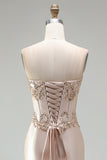 Champagne Satin Mermaid Corset Beaded Strapless Long Prom Dress