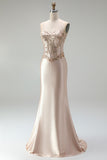 Champagne Satin Mermaid Corset Beaded Strapless Long Prom Dress